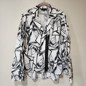 Comfy USA Jacket Black White Abstract Print Hi-Lo Hem Cotton Zip Light size XL